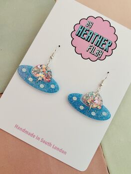 U.F.O Glitter Blue Earrings / Alien Spaceship Jewellery Science Fiction Lover Gift / Retro Space Aesthetic 1950s Sci Fi Accessory / Out Of This World Jewellery, 5 of 5