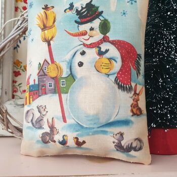 Vintage Christmas Snowman Illustration Fabric Pillow, 2 of 6