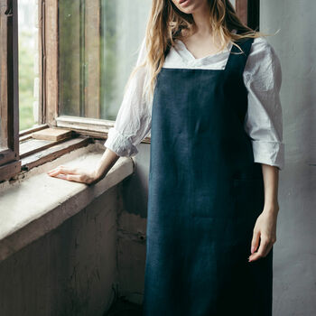 Navy Linen Crossover Pinafore Apron With Pockets, 6 of 12