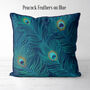 Peacock Cushion, Feathers On Blue, Multiple Cols Avail, thumbnail 5 of 9