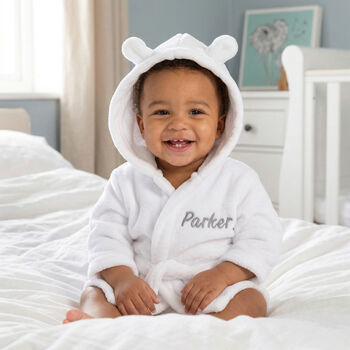 Personalised Grey Baby Dressing Gown With Ears On Hood, 2 of 7