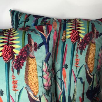 Velvet Tropical Plants Cushion Cover On Turquoise, 3 of 4