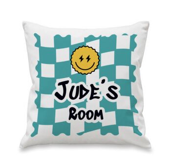 Personalised Teal Checked Cushion, 3 of 4