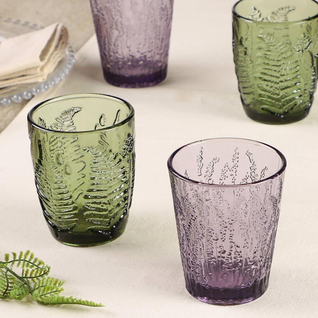 Four Botanical Embossed Coloured Glass Tumblers By Dibor
