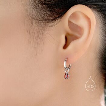 Sterling Silver Garnet Red Cz Droplet Hoop Earrings, 5 of 12