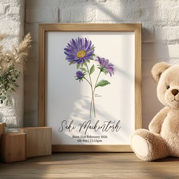 Personalised Birth Flower Baby Print – New Baby Gift – Name And Birth Details Nursery Print, 5 of 10
