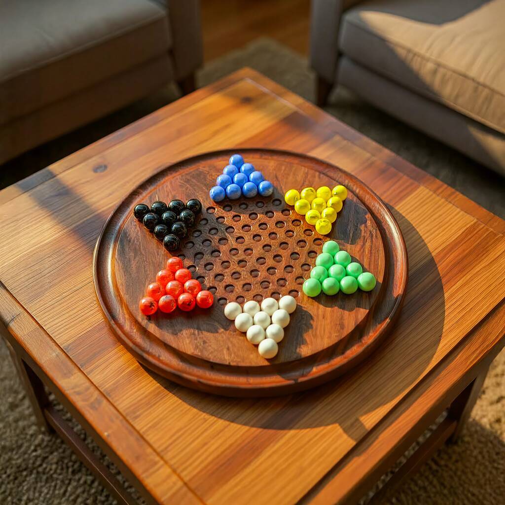 Wooden Retro Birthday Game; Wooden Coloured Marbles Chinese Checkers Board Games Stern Halma Game, 1 of 5