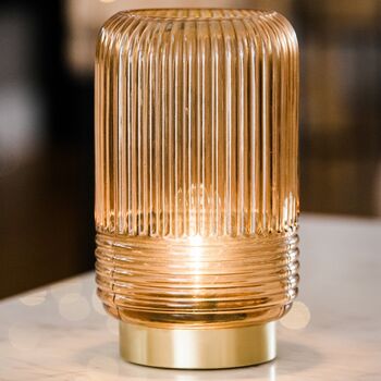 Cordless Tan Ribbed Glass Lamps, 4 of 6