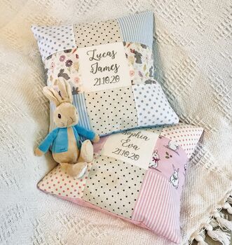 Personalised Blue And Grey Bunny Name Cushion, 8 of 10