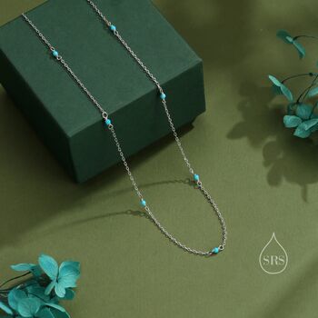 2mm Turquoise Beaded Satellite Chain Necklace In Sterling Silver, 3 of 12