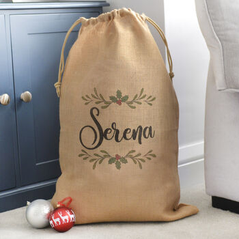 Personalised Christmas Name Between Holly Hessian Sack, 2 of 2