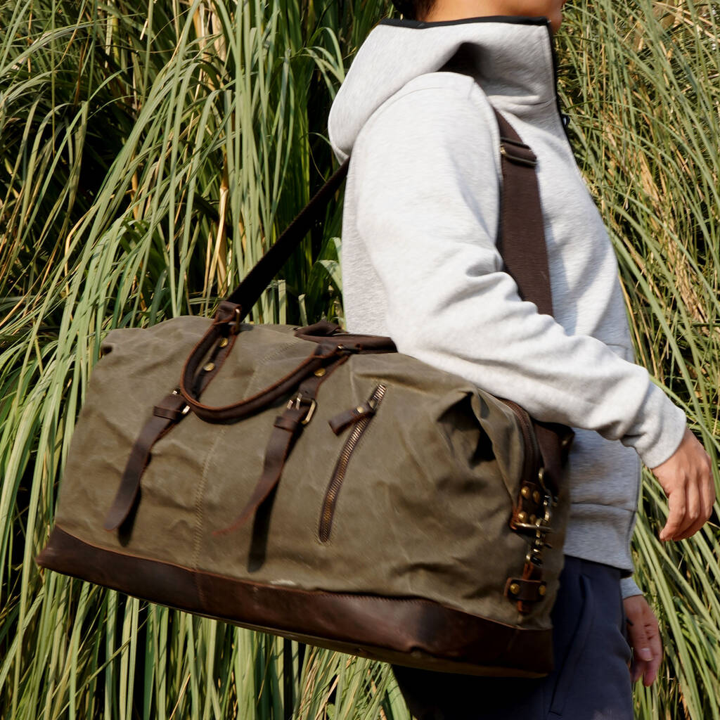 Personalised Waxed Canvas Leather Travel Duffel Bag By EAZO
