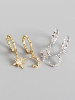 Gold Plated And Sterling Silver Star Moon Hoop Earrings, 4 of 6