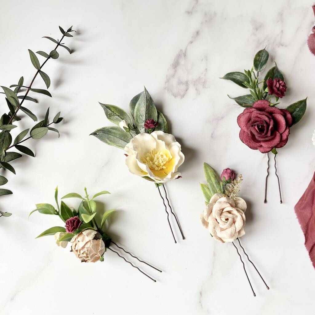Burgundy, Champagne And White Floral Hair Pins, 1 of 3