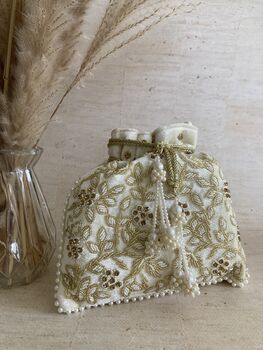 White Velvet Handcrafted Potli Bag, 9 of 10