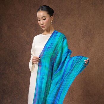100% Mulberry Silk Scarf, Turquoise And Peacock Blue In Gift Box, 7 of 11
