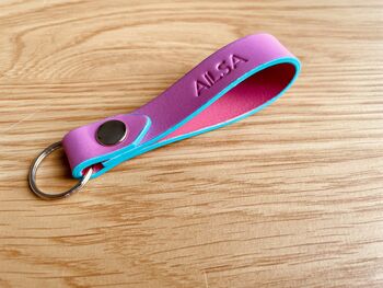 Personalised Handmade Leather Keyring, Pink And Blue, 7 of 10