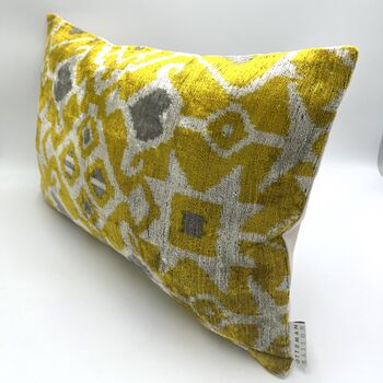 Oblong Velvet Ikat Cushion Yellow And Grey Heart, 4 of 7