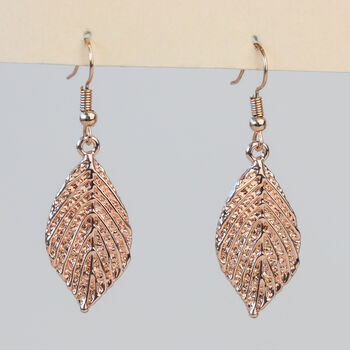 Rose Gold Colour Leaf Dangle Earrings, 2 of 3