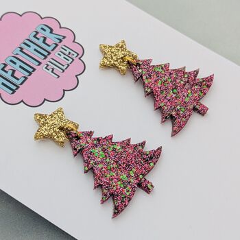 Red Glitter Christmas Tree Earrings / Traditional Holiday Jewellery / Christmas Gift / Secret Santa Gift, 3 of 5