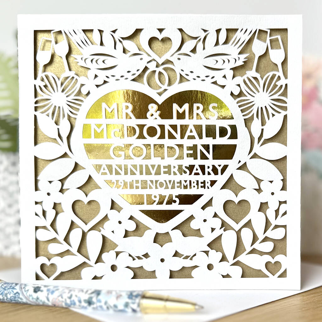 Personalised Golden 50th Wedding Anniversary Papercut Card, 1 of 2