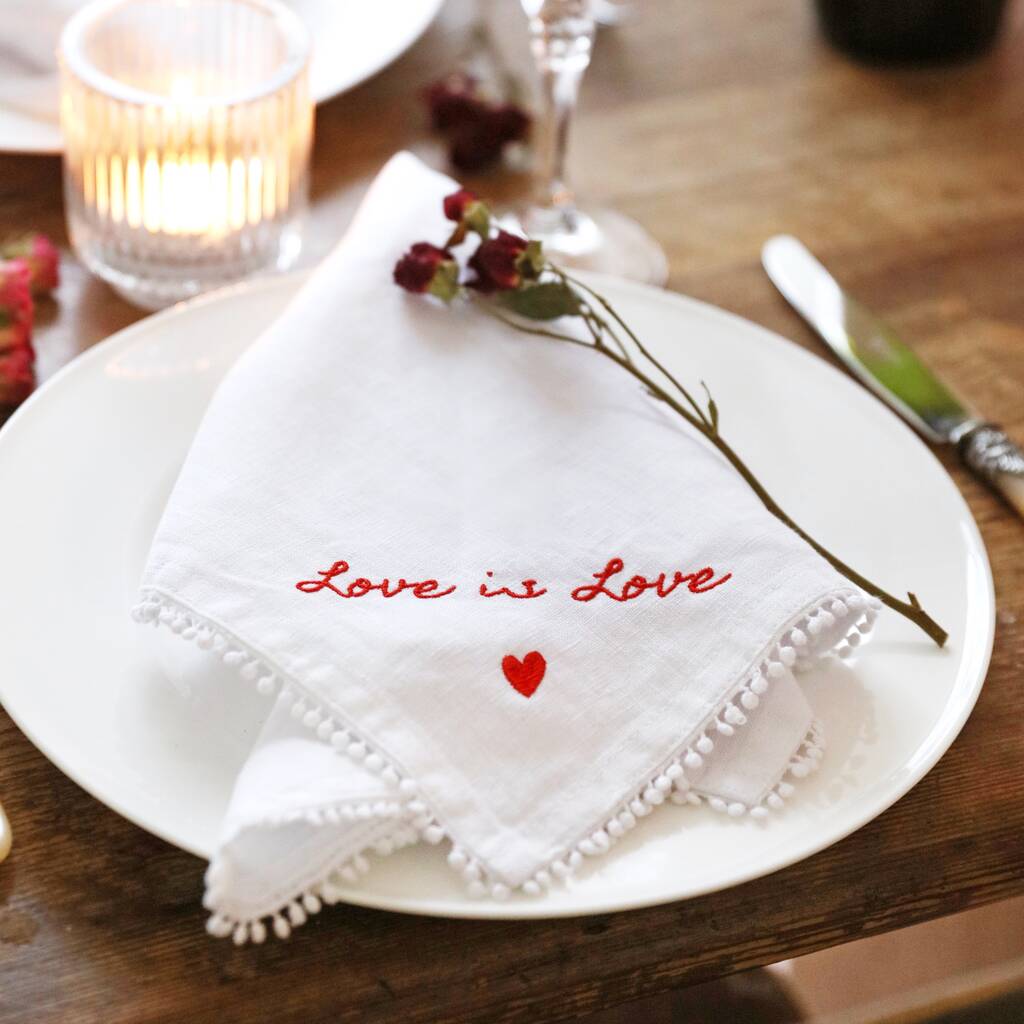 Love Is Love Embroidered White Linen Napkin, 1 of 4