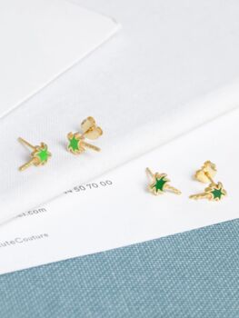 18 K Gold Plated Green Enamel Palm Tree Stud Earrings, 5 of 9