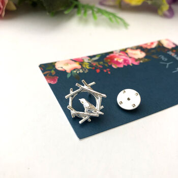 Sterling Silver Good Luck Robin Nest Pin Brooch, 2 of 12