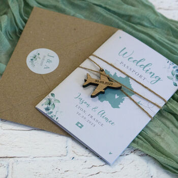 Eucalyptus Floral Sage Green Passport Invitation With Plane Charms For Destination Wedding, 2 of 8