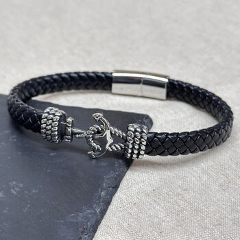 Personalised Men's Woven Leather Anchor Bracelet, 2 of 2