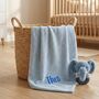 Personalised Blue Knitted Baby Blanket And Elephant Rattle Gift Set, thumbnail 2 of 12