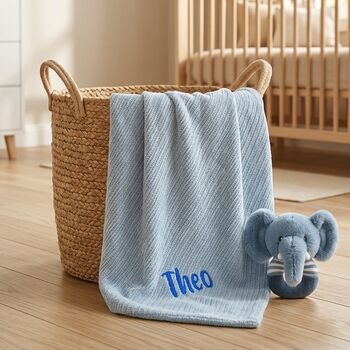 Personalised Blue Knitted Baby Blanket And Elephant Rattle Gift Set, 2 of 12