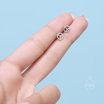 Tiny Peace Symbol Stud Earrings In Sterling Silver, 6 of 11