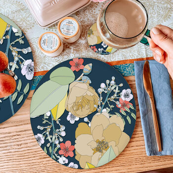 Round Placemat Large Heatproof Chica Camellia Navy, 2 of 7