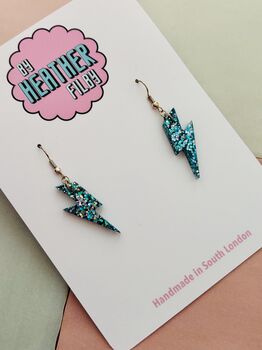 Small Blue And Silver Glitter Lightning Bolt Earrings / Midnight Storm Jewellery Galactic Sparkle /Bowie Inspired Jewellery, 2 of 5
