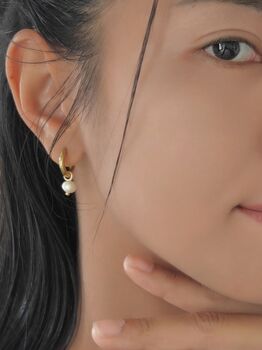 Small Natural Freshwater Pearl Huggie Hoop Earrings, 4 of 4