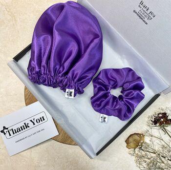 Set Of Two, Silk Scrunchie With Sleep Hair Cap, Purple, 6 of 9