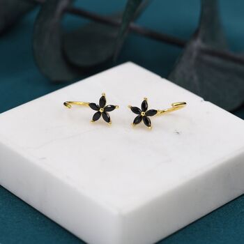 Black Forget Me Not Flower Cz Hoop Earrings, 4 of 11