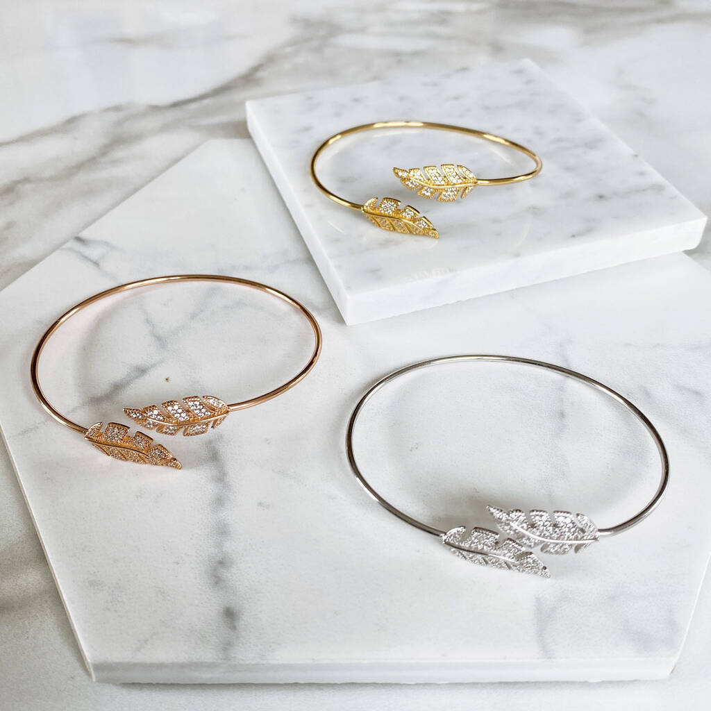 Rhodium, Gold Or Rose Gold Plated Pave Leaf Bangle, 1 of 12