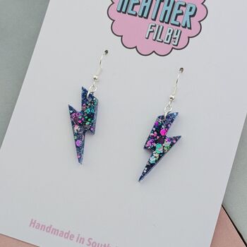 Small Purple Glitter Lightning Earrings – Bold Handmade Sparkle, 3 of 4