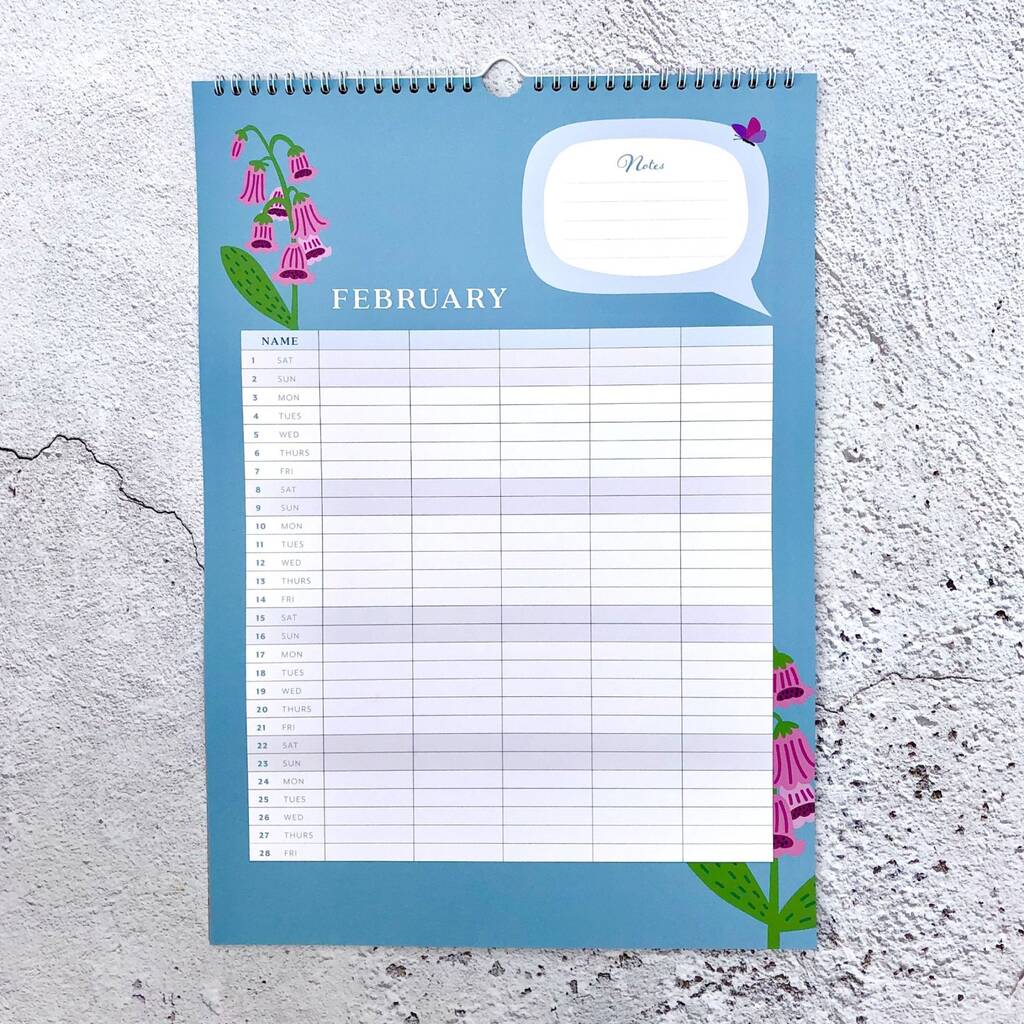 Family Organiser 2025 Wall Calendar Flower Design A3 By Border in a Box