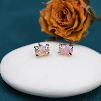 Pink Opal Oval Stud Earrings In Sterling Silver, 4 of 12