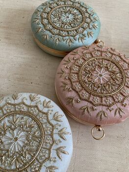 Ivory Round Handcrafted Mandala Design Clutch, 7 of 8