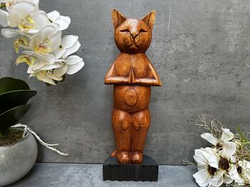 32cm Handcarved Yoga Cat Wooden Ornament Gift Decor, 2 of 12