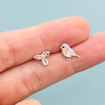 Mismatched Robin Bird And Holly Stud Earrings In Sterling Silver, 5 of 11