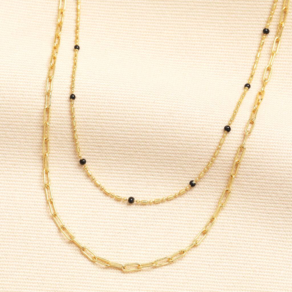 Double Layer Black Beaded Necklace In Gold