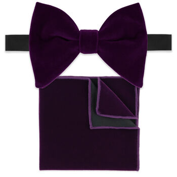 Mens Purple Oversized Velvet Bow Tie And Pocket Square, 2 of 5