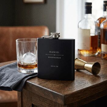 Personalised Modern Engraved Black Metal Hip Flask Wedding, Groomsmen And Birthday Gift, 3 of 11