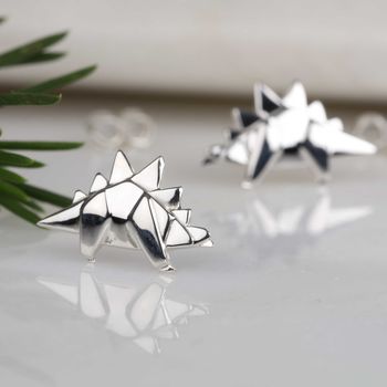 Solid Silver Origami Stegosaurus Earrings, 4 of 7