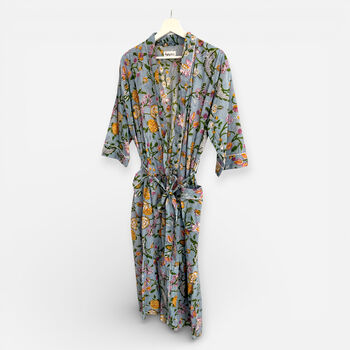 Pale Blue Flower Block Print 100% Cotton Dressing Gown Kimono, 4 of 4
